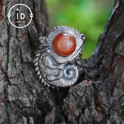 Sunstone Silver Pendant Chameleon Totem Necklace Handmade Gothic Jewelry Reptile Amulet Protective Talisman Gift for Him Her Boho Style