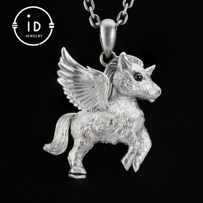 925 Silver Unicorn Pendant with Onyx Eyes, Pegasus Gothic Necklace Handmade Fantasy Jewelry, Gift for Women Birthday or Christmas