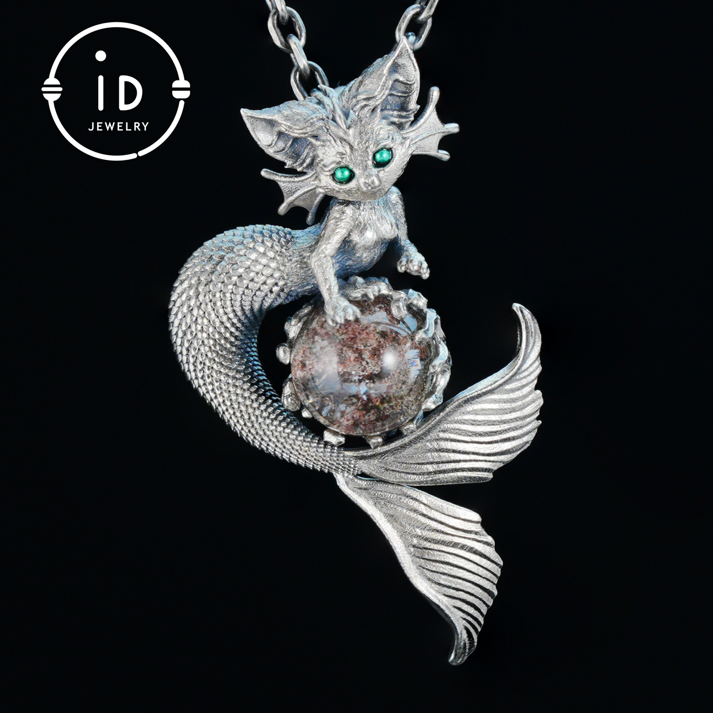 Mermaid Cat Pendant with Phantom Quartz in Oxidized 925 Silver, Fantasy Vintage Jewelry Gift for Her, Mystical Animal Necklace