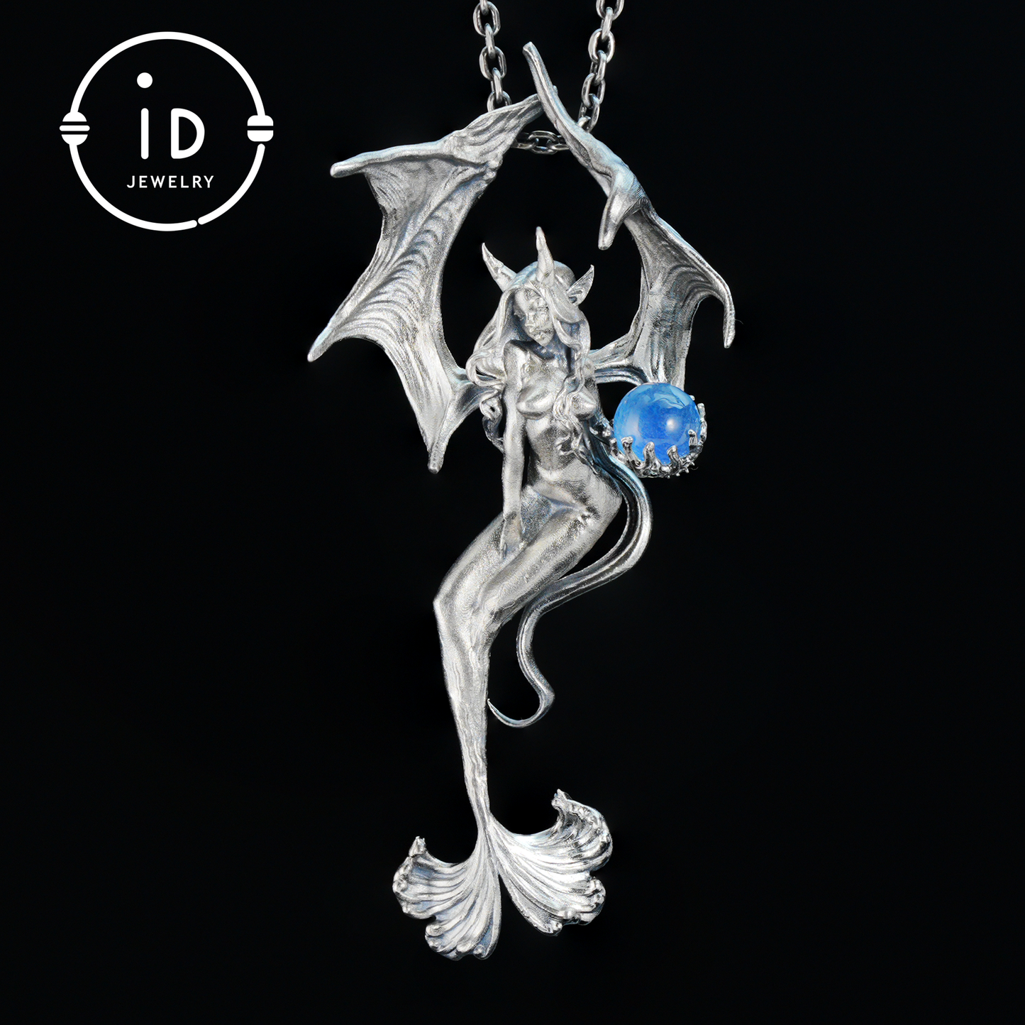 Silver Pendant with Ocean Blue Stone, Gothic Capricorn Necklace, Fantasy Jewelry for Women, Unique Gift Birthday Astrology