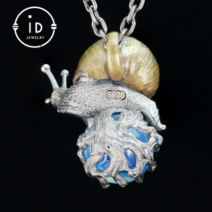 Aquamarine pendant in silver and bronze with snail design, handmade fantasy nature jewelry, animal necklace gift for her or him