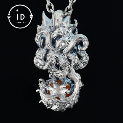 Animal Pendant with Sunstone in 925 Sterling Silver, Oxidized Gothic Fantasy Necklace Pendant, Handmade Jewelry Gift for Him