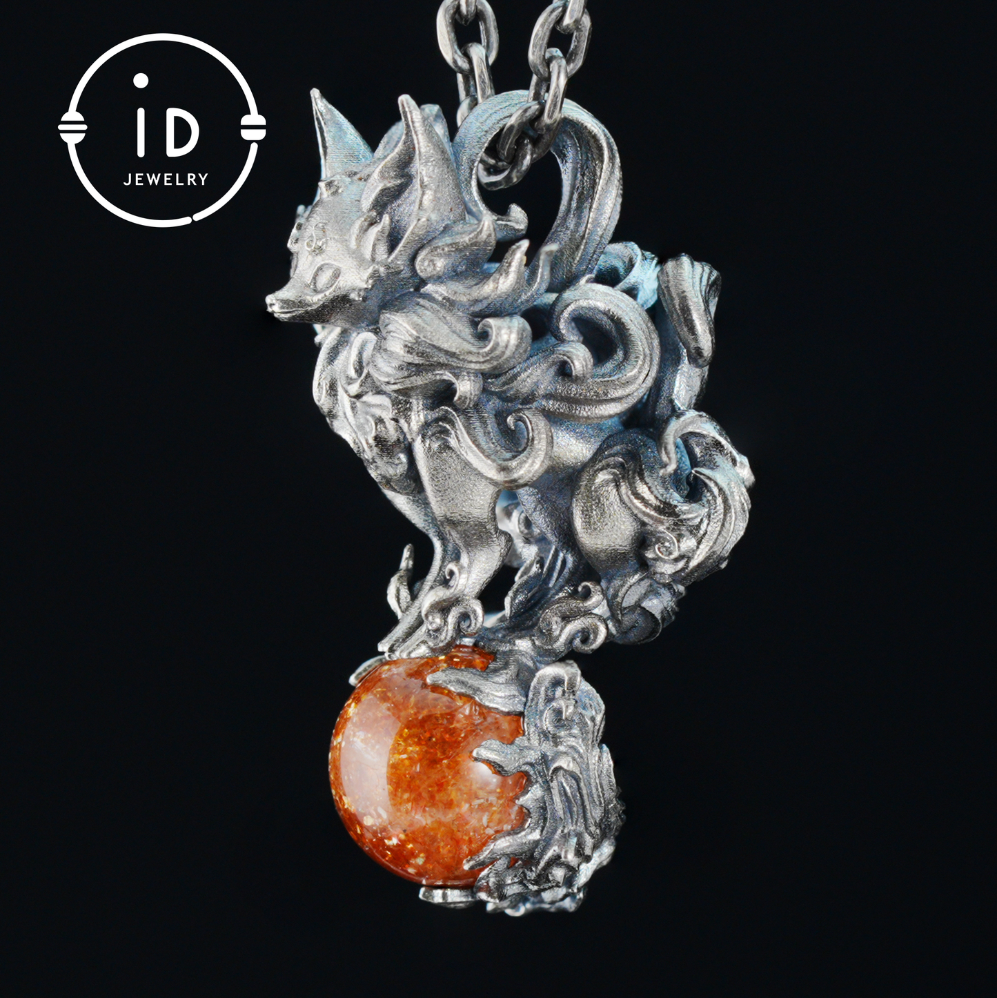 Animal Pendant with Sunstone in 925 Sterling Silver, Oxidized Gothic Fantasy Necklace Pendant, Handmade Jewelry Gift for Him