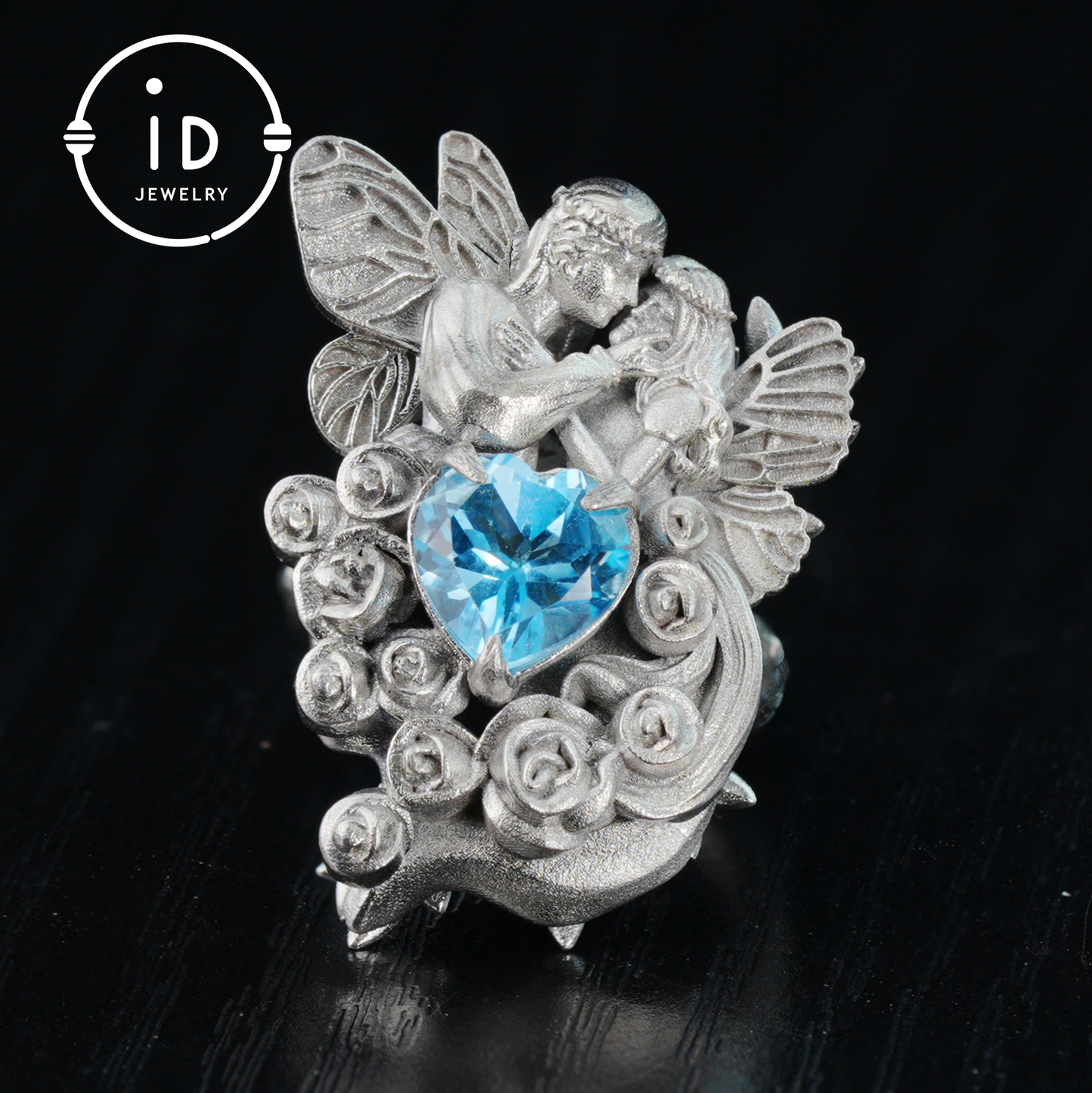 Adjustable Ring with Swiss Blue Topaz in 925 Silver, Oxidized Statement Ring in Gothic Fantasy Style, Handmade Jewelry Gift for Her