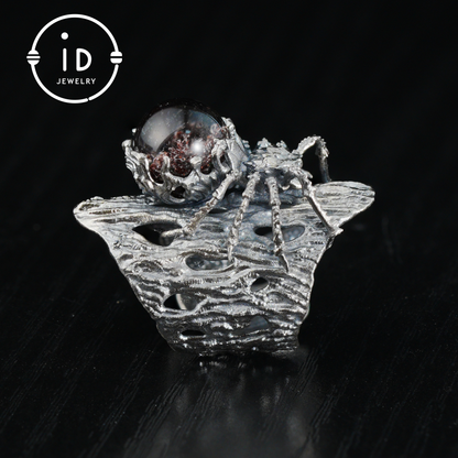 Phantom Quartz Spider Ring in 925 Silver, Adjustable Gothic Totem Statement Jewelry, Natural Stone Gift for Men and Women
