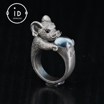 925 Sterling Silver Wild Boar Ring with Rock Crystal and Onyx, handmade animal ring in Gothic vintage style, gift idea for women and men.
