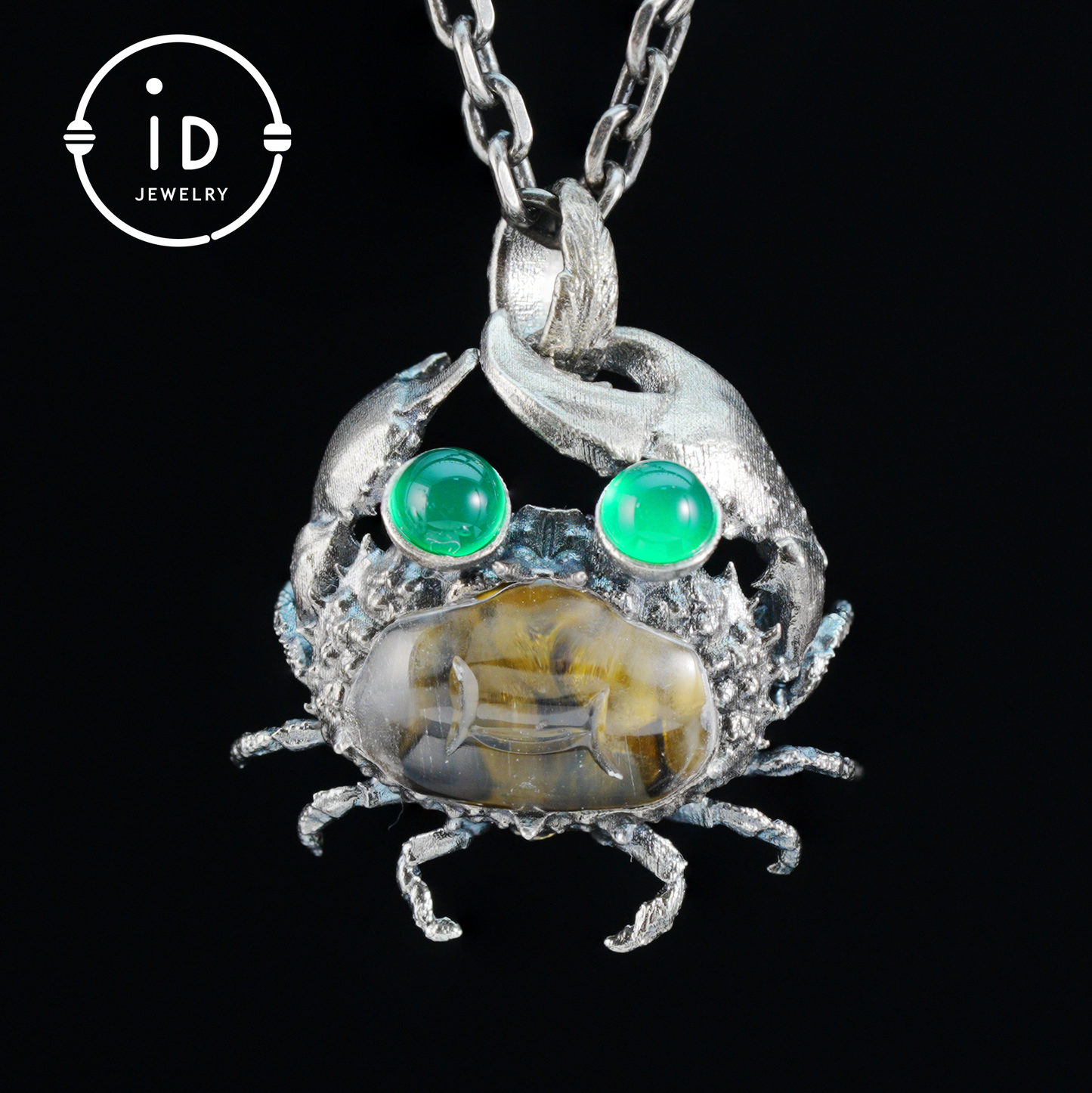 Crab Pendant in 925 Sterling Silver with Rock Crystal and Green Chalcedony, Oxidized Vintage Finish, Fairy Jewelry, Gift for Her