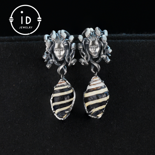 Medusa Earrings with Garnet Drop in Oxidized 925 Sterling Silver, Gothic Vintage Jewelry for Women, Christmas Gift Idea