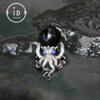 Gothic pendant with black obsidian and lapis lazuli made of 925 silver in totem style for women gift birthday necklace