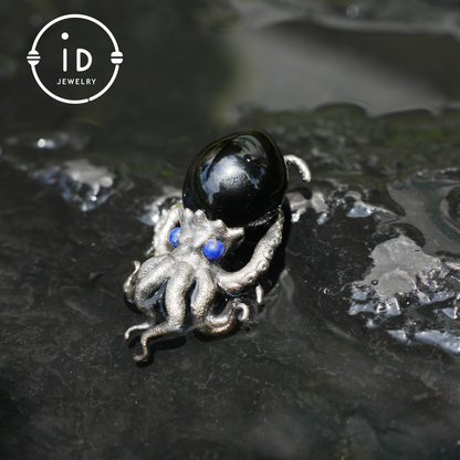 Gothic pendant with black obsidian and lapis lazuli made of 925 silver in totem style for women gift birthday necklace