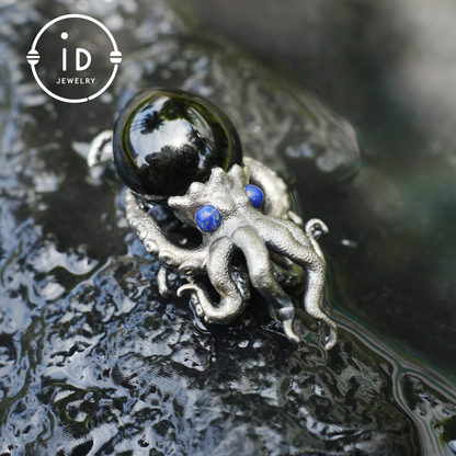 Gothic pendant with black obsidian and lapis lazuli made of 925 silver in totem style for women gift birthday necklace