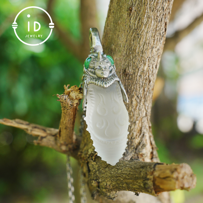 Carved Rock Crystal Pendant in 925 Silver with Green Chalcedony in Gothic Totem Style, Gift for Her or Spiritual Jewelry Lovers