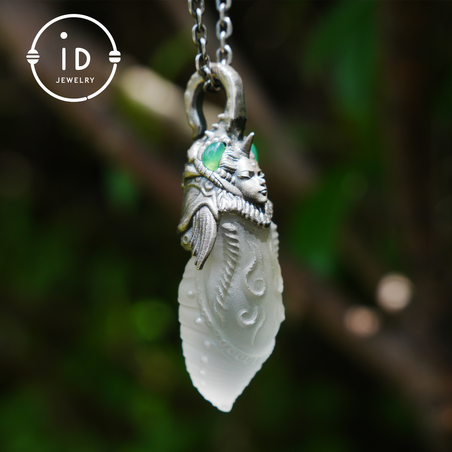Carved Rock Crystal Pendant in 925 Silver with Green Chalcedony in Gothic Totem Style, Gift for Her or Spiritual Jewelry Lovers