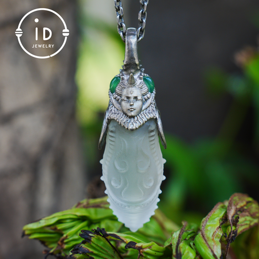 Carved Rock Crystal Pendant in 925 Silver with Green Chalcedony in Gothic Totem Style, Gift for Her or Spiritual Jewelry Lovers