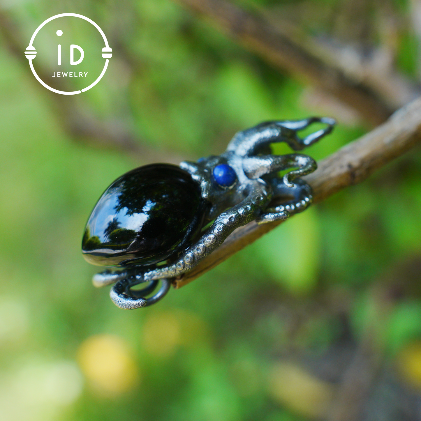 Gothic pendant with black obsidian and lapis lazuli made of 925 silver in totem style for women gift birthday necklace