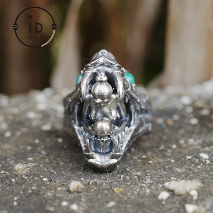 Adjustable Snake Ring Silver Gothic Tribal Totem Jewelry with Green Jade Symbolic Statement Ring Unique Gift for Men and Women