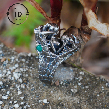 Adjustable Snake Ring Silver Gothic Tribal Totem Jewelry with Green Jade Symbolic Statement Ring Unique Gift for Men and Women
