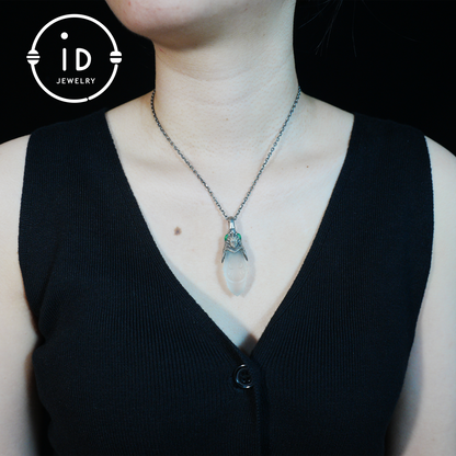 Carved Rock Crystal Pendant in 925 Silver with Green Chalcedony in Gothic Totem Style, Gift for Her or Spiritual Jewelry Lovers