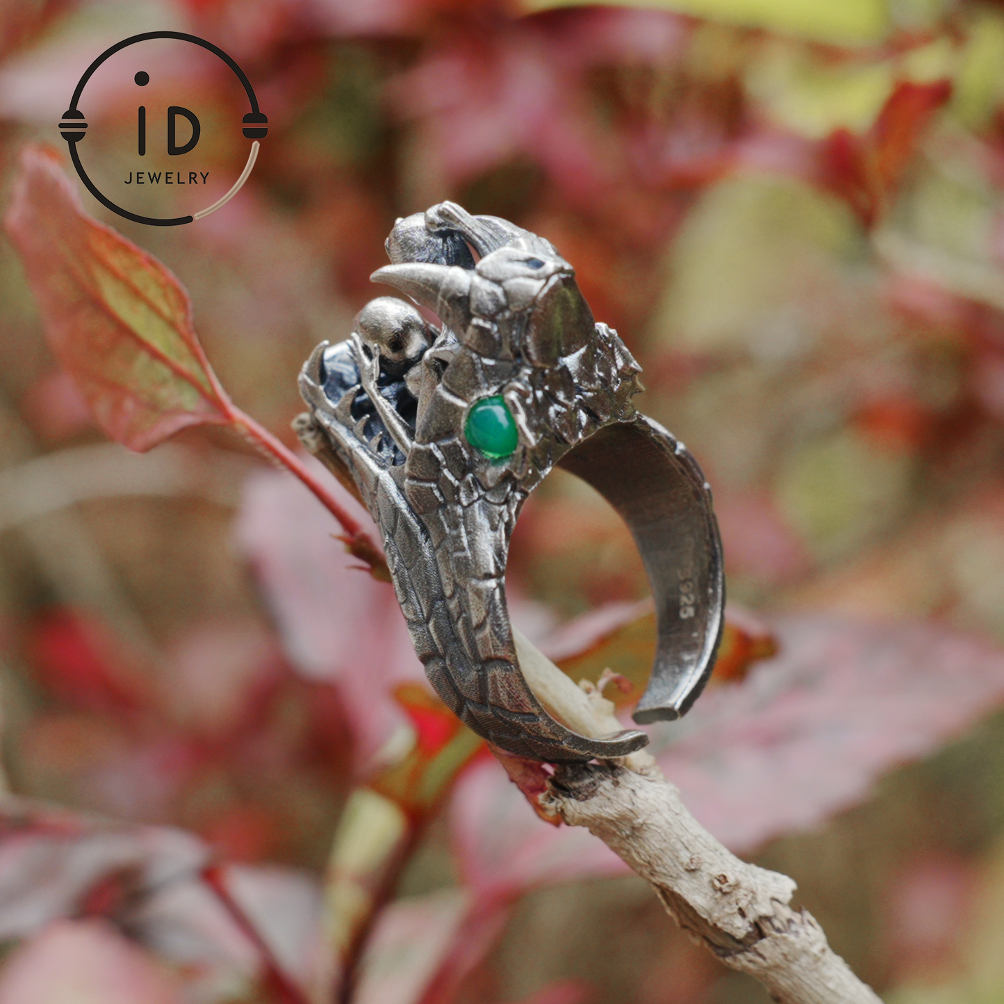 Adjustable Snake Ring Silver Gothic Tribal Totem Jewelry with Green Jade Symbolic Statement Ring Unique Gift for Men and Women