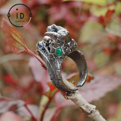 Adjustable Snake Ring Silver Gothic Tribal Totem Jewelry with Green Jade Symbolic Statement Ring Unique Gift for Men and Women