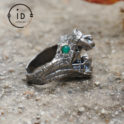 Adjustable Snake Ring Silver Gothic Tribal Totem Jewelry with Green Jade Symbolic Statement Ring Unique Gift for Men and Women