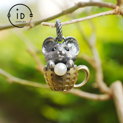 Mouse Pendant in 925 Sterling Silver with Freshwater Pearl, Oxidized Vintage Animal Necklace in Fairy Style, Handmade Jewelry Gift for Her