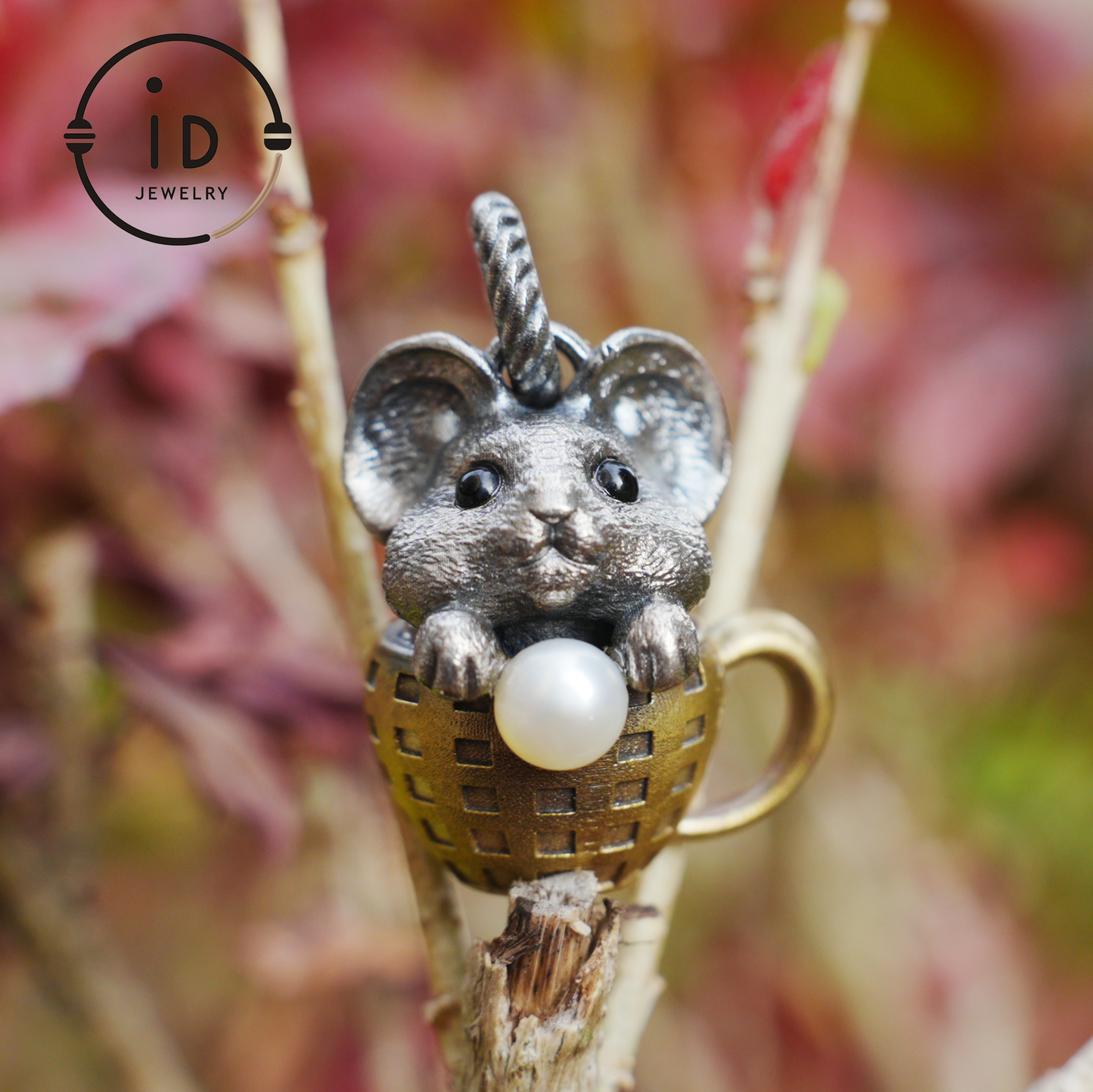 Mouse Pendant in 925 Sterling Silver with Freshwater Pearl, Oxidized Vintage Animal Necklace in Fairy Style, Handmade Jewelry Gift for Her