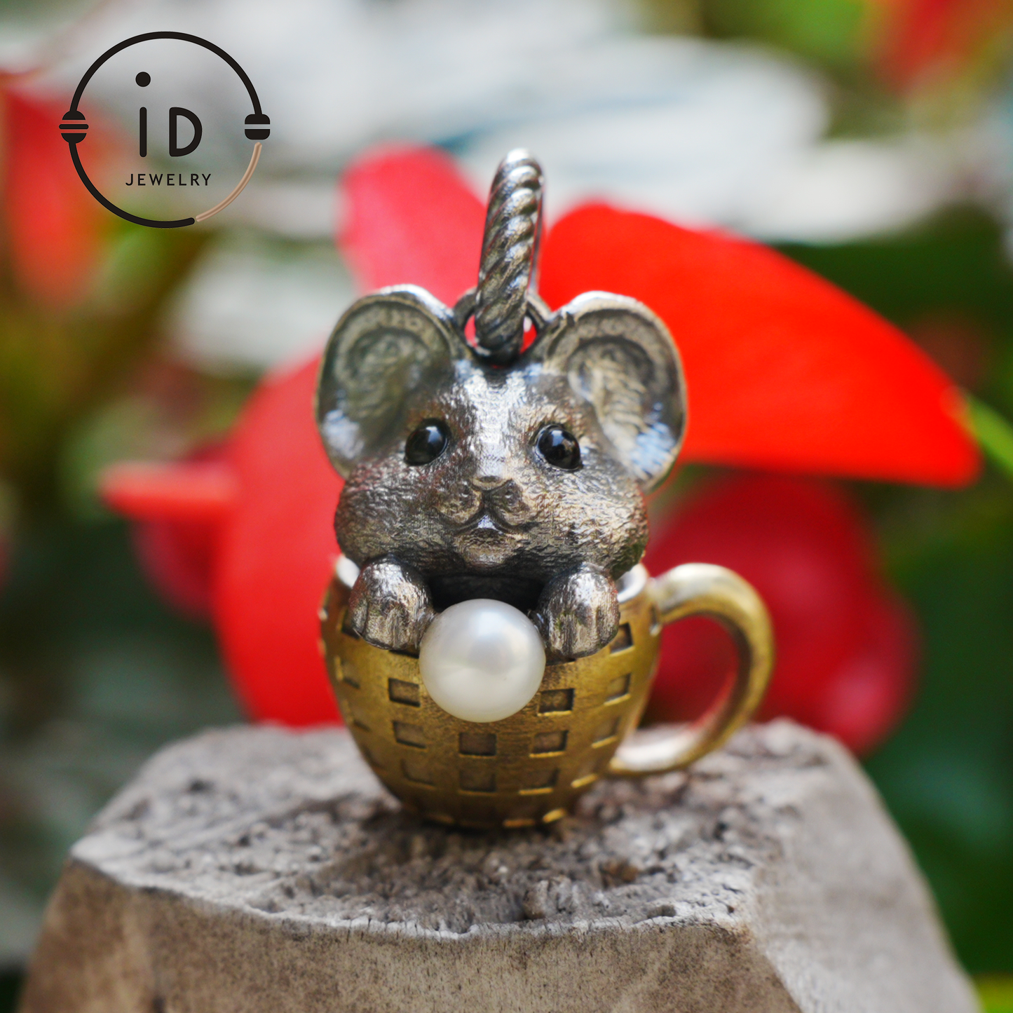 Mouse Pendant in 925 Sterling Silver with Freshwater Pearl, Oxidized Vintage Animal Necklace in Fairy Style, Handmade Jewelry Gift for Her