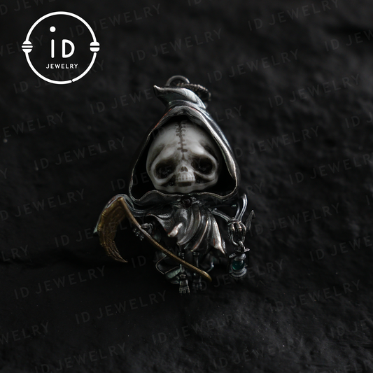 Handgefertigter Sensenmann-Anhänger | Gotisches Skelett-Amulett | Silberanhänger | Fantasy-Kunstschmuck 