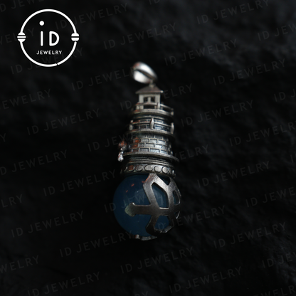 Handgefertigter Leuchtturm-Anhänger | Gotisches Amulett mit Aquamarin | Mystische Raben | Magischer Schutzschmuck | Vintage-Fantasy-Stil 