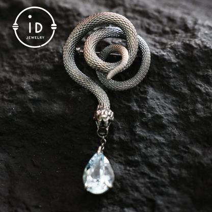 Handcrafted Snake Brooch Pendant with Blue Topaz | 925 Sterling Silver Gothic Jewelry | Dark Fantasy Totem of Power & Mystery | Unique Gift for Her