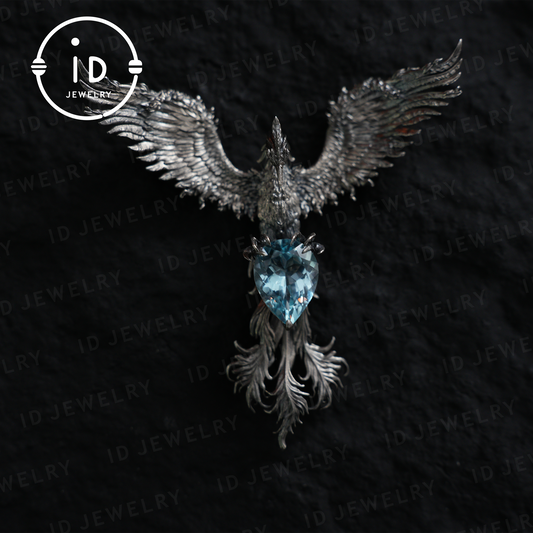 Handgefertigte Phönix-Halskette mit Aquamarin | Mystisches Symbol | Vintage Fantasy Schmuck 