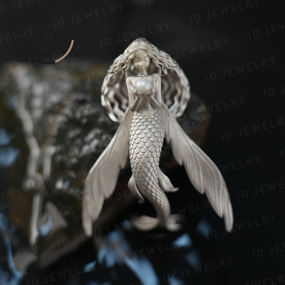 Flying Fish Girl Pearl Pendant | Fantasy Ocean Amulet Gift | Symbol of Freedom & Grace | Handmade Silver Jewelry