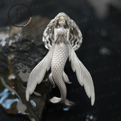Flying Fish Girl Pearl Pendant | Fantasy Ocean Amulet Gift | Symbol of Freedom & Grace | Handmade Silver Jewelry