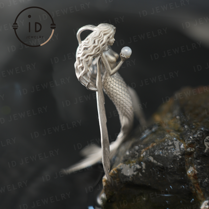 Flying Fish Girl Pearl Pendant | Fantasy Ocean Amulet Gift | Symbol of Freedom & Grace | Handmade Silver Jewelry