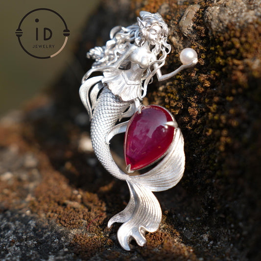 Meerjungfrau Anhänger | 925 Sterling Silber &amp; Sternrubin | Handgefertigter Fantasy Schmuck