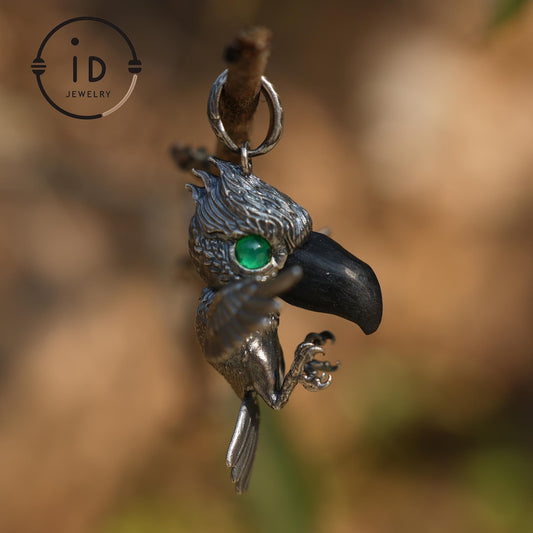Schuhschnabel-Vogel-Anhänger | 925 Silber, Schwarzer Achat &amp; Turmalin | Handgefertigter Naturschmuck