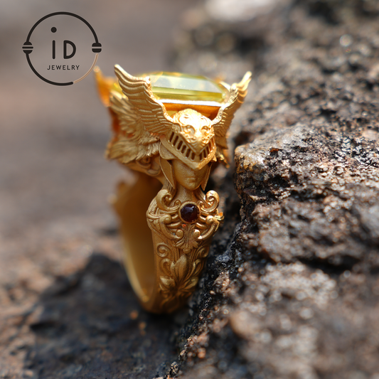 Winged Knight Ring - 18k Gold with Yellow Citrine and Ruby - Fantasy Inspired Jewelry
