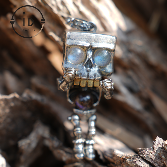 Mechanischer Totenkopf Anhänger | S925 Silber mit Labradorit | Einzigartiger Gothic Schmuck