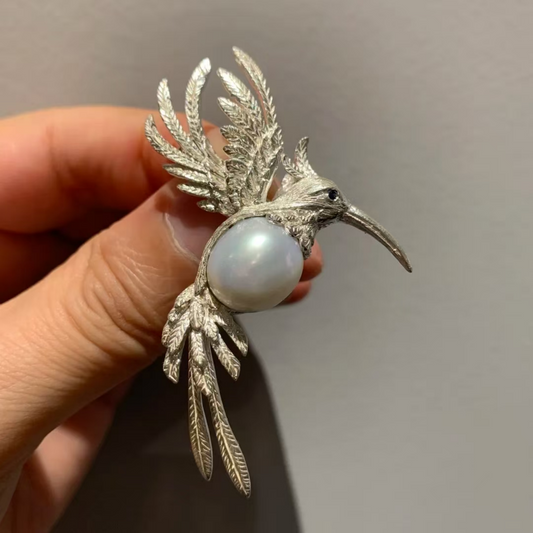 925 Silver Hummingbird Brooch Pendant | Pearl Totem Jewelry | Handmade Nature Amulet Gift for Women