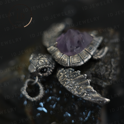 Aegis Turtle Necklace 925 Silver Amethyst Agate Pendant Handmade Sea Turtle Jewelry Gothic Style Gift for Her Spiritual Animal Talisman