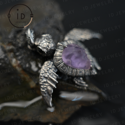 Aegis Turtle Necklace 925 Silver Amethyst Agate Pendant Handmade Sea Turtle Jewelry Gothic Style Gift for Her Spiritual Animal Talisman