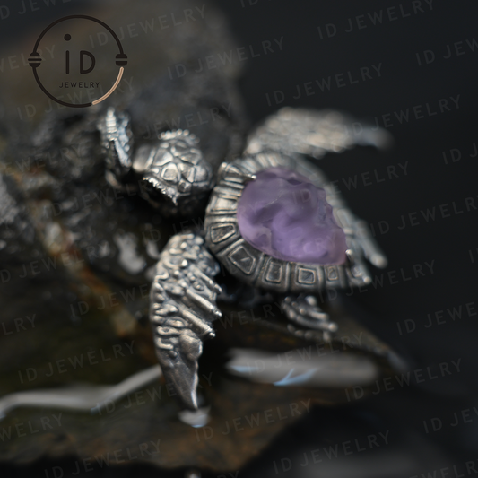 Aegis Turtle Necklace 925 Silver Amethyst Agate Pendant Handmade Sea Turtle Jewelry Gothic Style Gift for Her Spiritual Animal Talisman