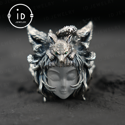 Mysterious nine-tailed fox pendant| handmade| amulet pendant| elegant wings design| mythical style