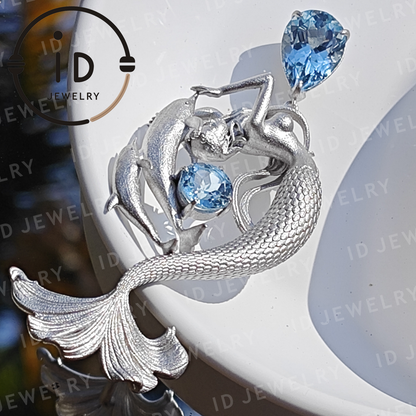 Traumhafter Ozean-Meerjungfrau-Anhänger - 925er Silber mit Aquamarin | Handgefertigter Fantasy-Schmuck
