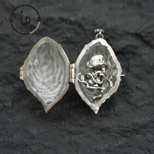 Mystic Monkey Pendant with White Crystal Shell, Handmade Fantasy Amulet, Oriental Style Locket Necklace for Gift & Collection