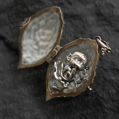 Mystic Monkey Pendant with White Crystal Shell, Handmade Fantasy Amulet, Oriental Style Locket Necklace for Gift & Collection