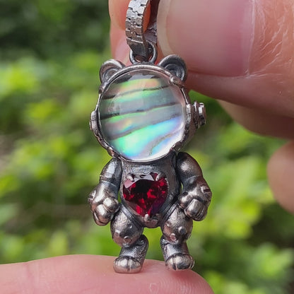 925 silver pendant with abalone shell & red garnet, handmade animal totem necklace in gothic fairytale style, gift for her, birthday