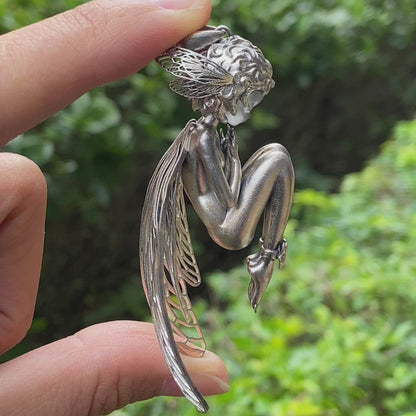 S925 Silver Elf Pendant Necklace with White Crystal, Gothic Vintage Fairy Tale Jewelry Fantasy Talisman Amulet Gift for Her Birthday or Yule