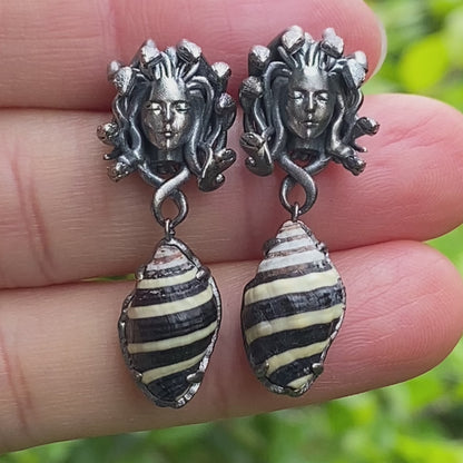 Medusa Earrings with Garnet Drop in Oxidized 925 Sterling Silver, Gothic Vintage Jewelry for Women, Christmas Gift Idea